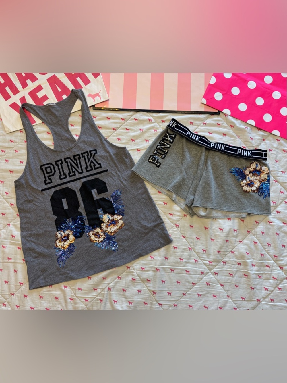 VS PINK VINTAGE Y2K SET VARSITY SHORTS & TANK GRAY FLORAL HIBISCUS BLING RARE M